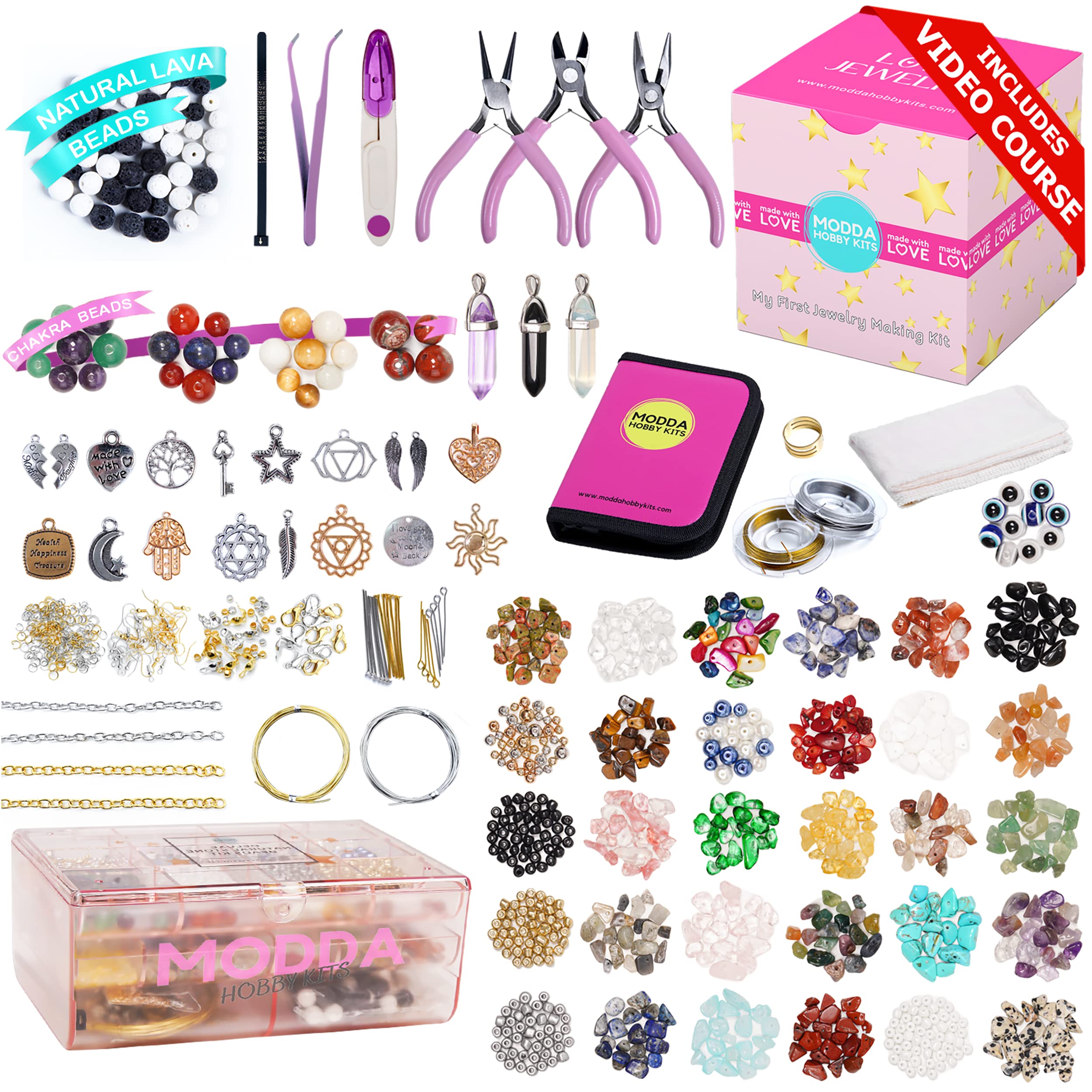 MODDA Natural Stone Jewelry Making Kit with Video Course Includes Crystal  Lava Chakra Beads Necklace Bracelet Earrings Ring Supplies Crafts for Adults  Beginners Gift for Teens Girls Women NATURAL STONES KIT w