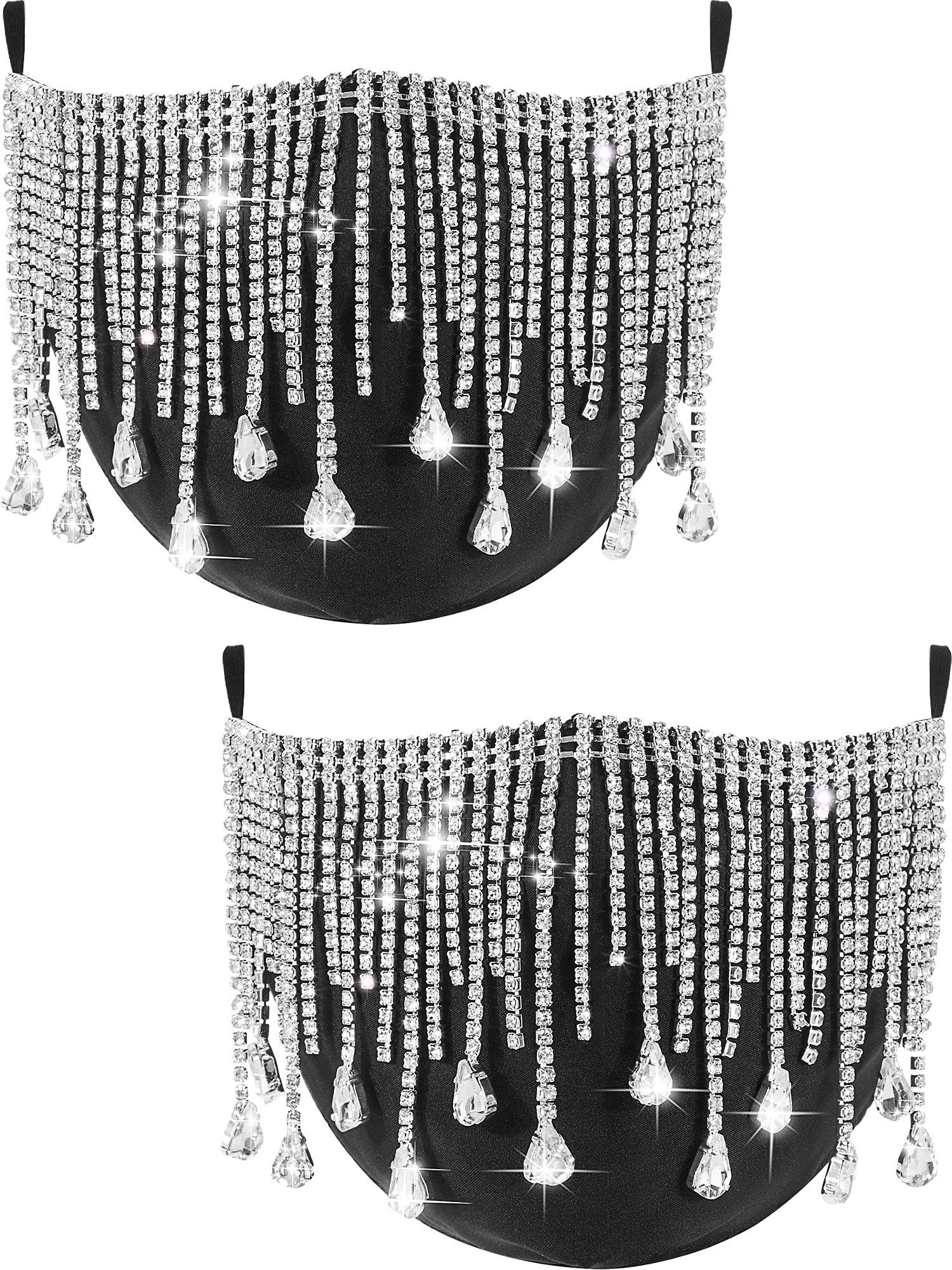 SATINIOR 2 Pieces Sparkly Rhinestones Mesh Face Covers Bling Crystal Black  Tassel Face Cover Halloween Masquerade
