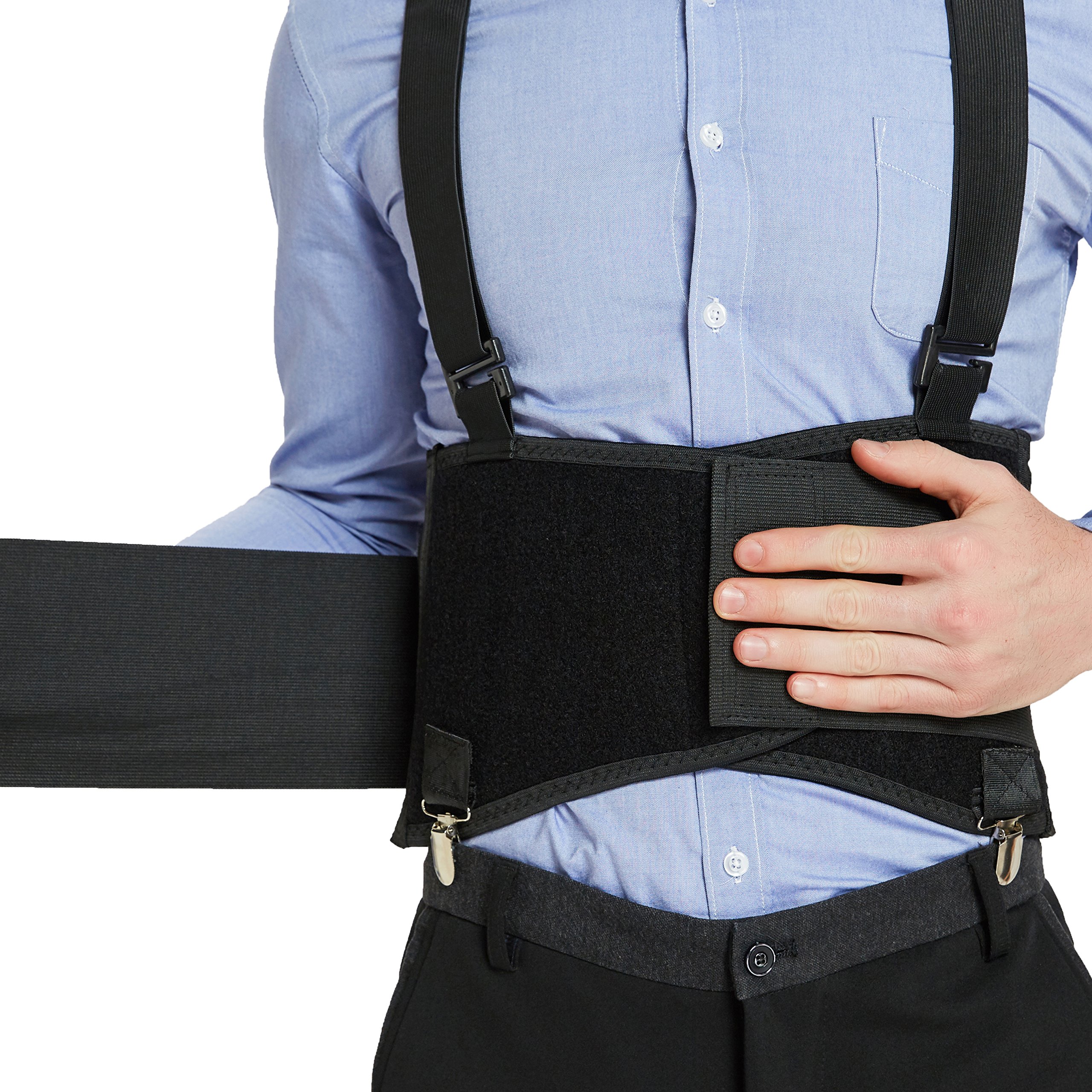 NeoTech Care Lumbar Brace with Removable Pants Clips & Detachable Suspenders  - Back Support Belt - Adjustable, Light, Breathable - Shoulder Holsters -  Work, Posture - Black (Size L) Large (Pack of 1)