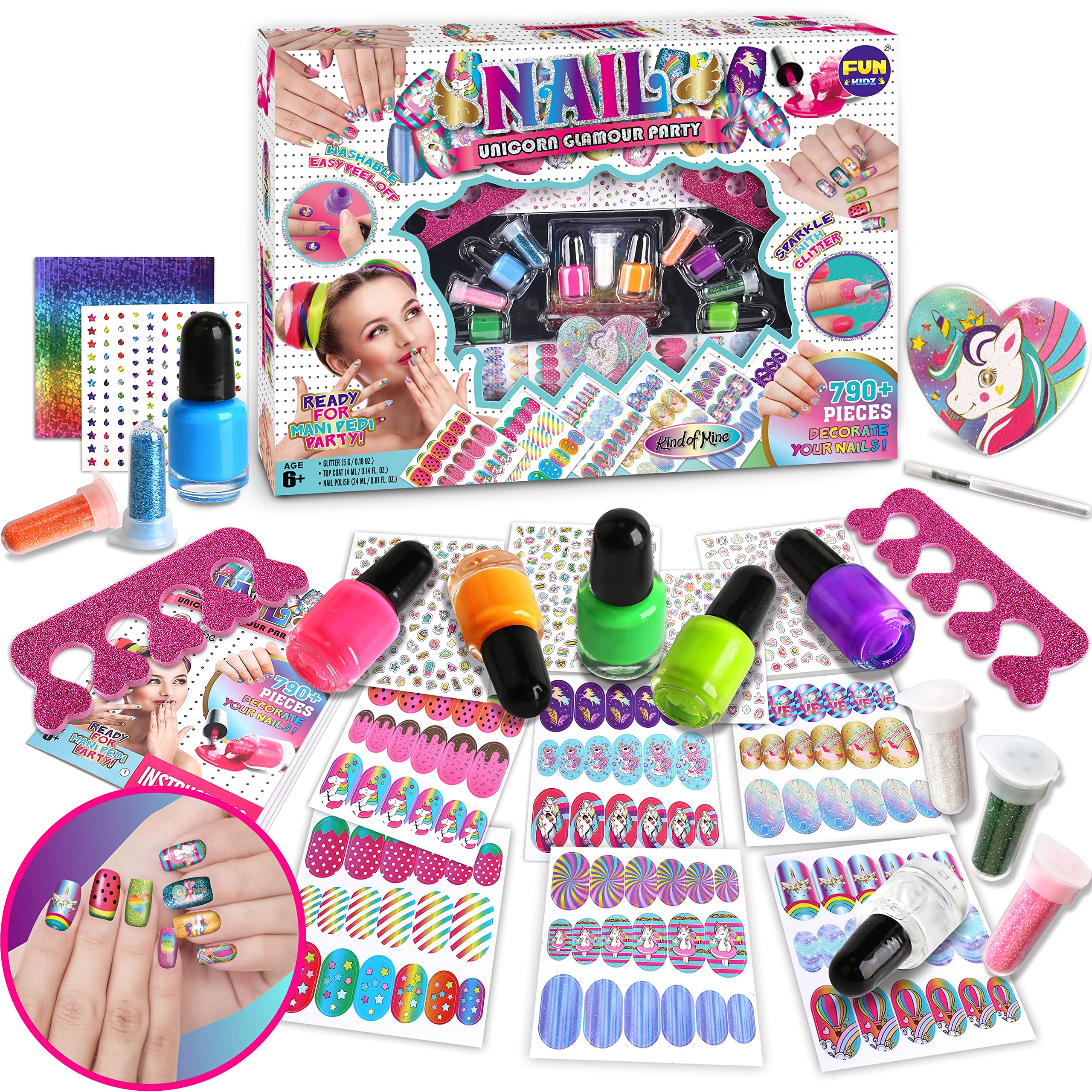 Unicorn Nail Kit for Girls 7-12 FunKidz Ultimate 790+ Peelable Glamour Nail  Polish Kit for Kids Party Favor Fashion Nail Arts 17.91Wx12.4L Pink Green  Purple Sky Blue Transparent