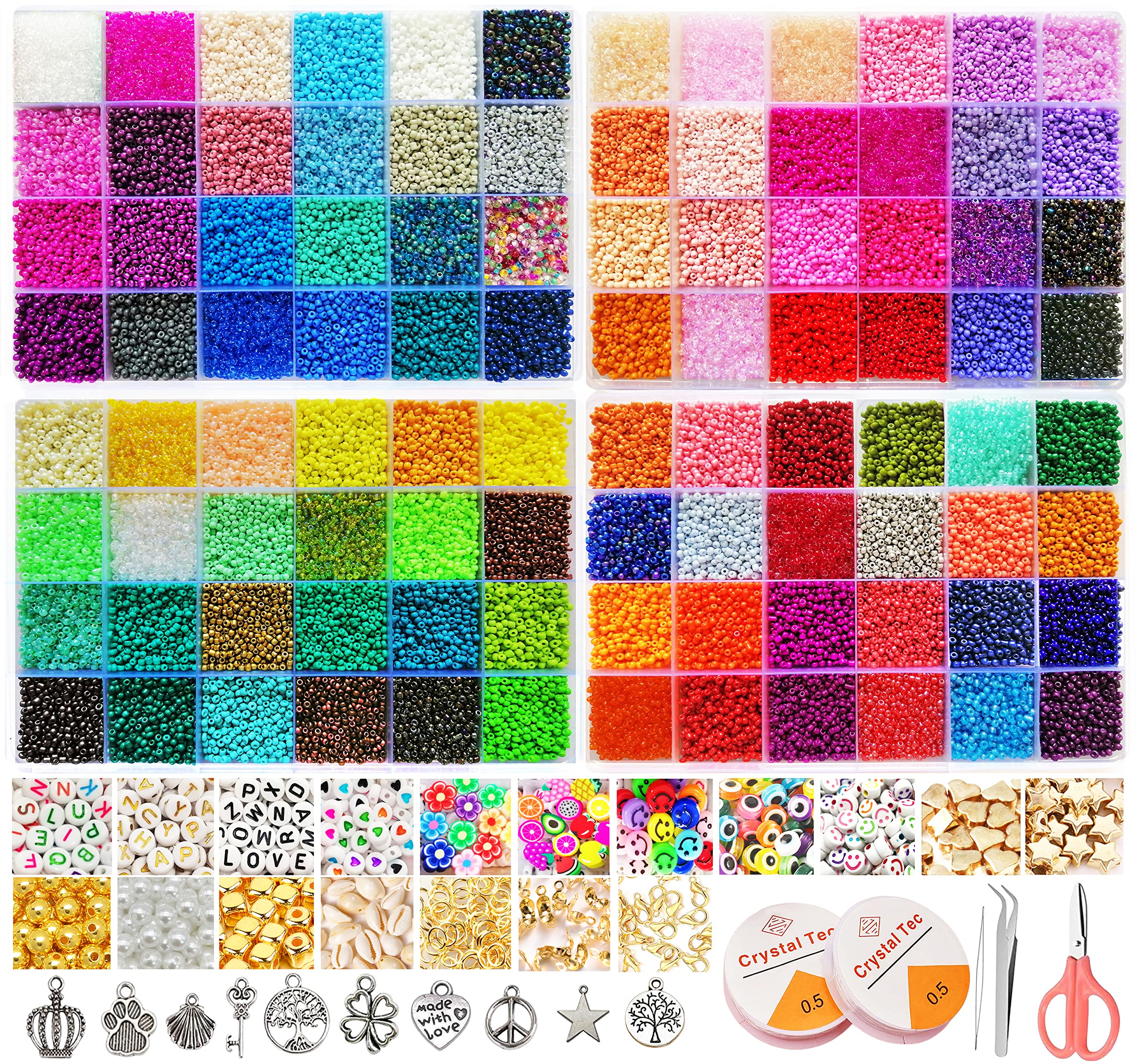 50600pcs 96 Colors 2mm Glass Seed Beads for Jewelry Making Kit 300pcs  Letter Beads Small Seed Beads Kit for Bracelets Necklace Ring Making DIY  Art Craft Kit with Elastic String and Charms