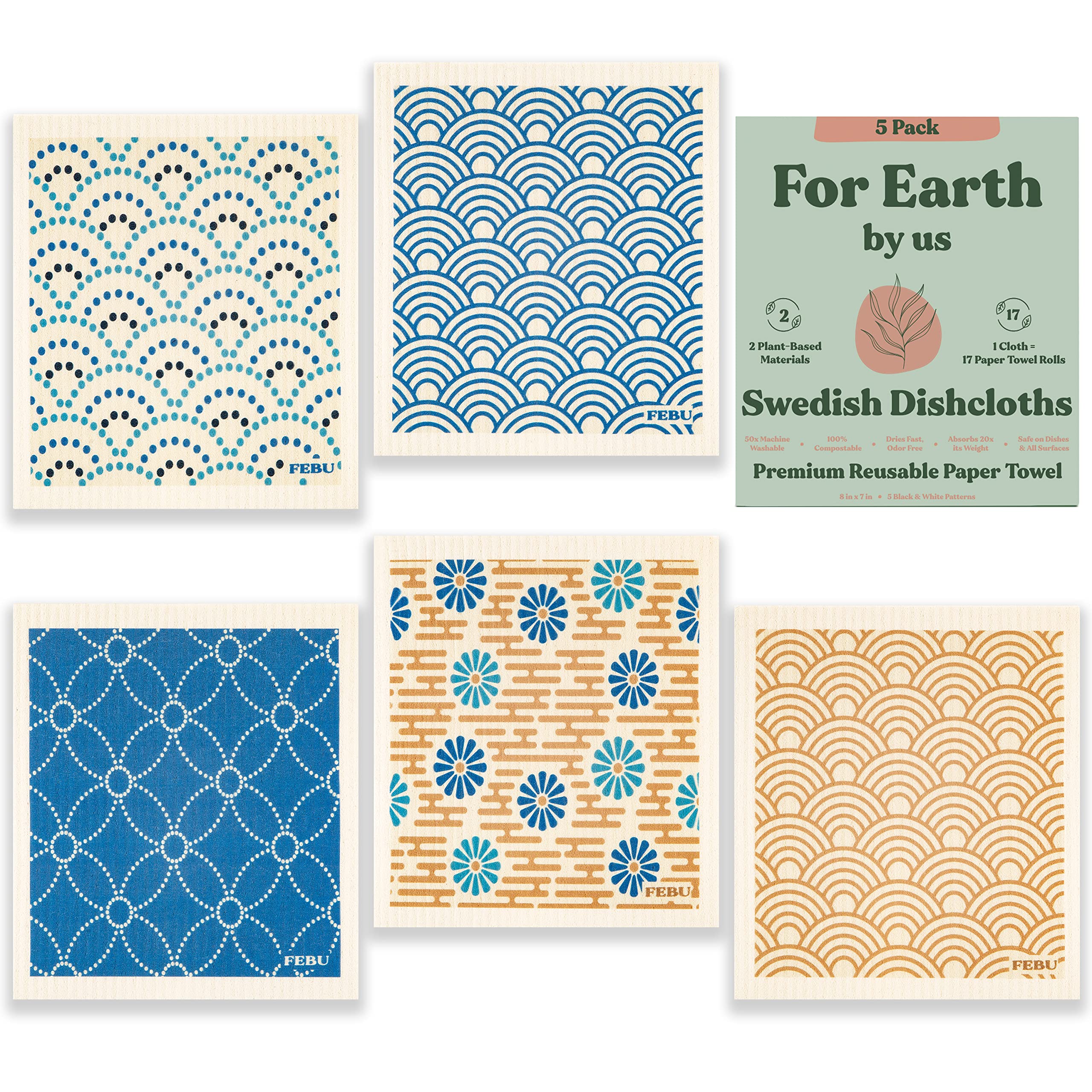 FEBU Swedish Dishcloths for Kitchen, 5 Pack Blue Geometric Swedish Dish  Towels, Cellulose Sponge Cloths, Non Scratch Reusable Paper Towels