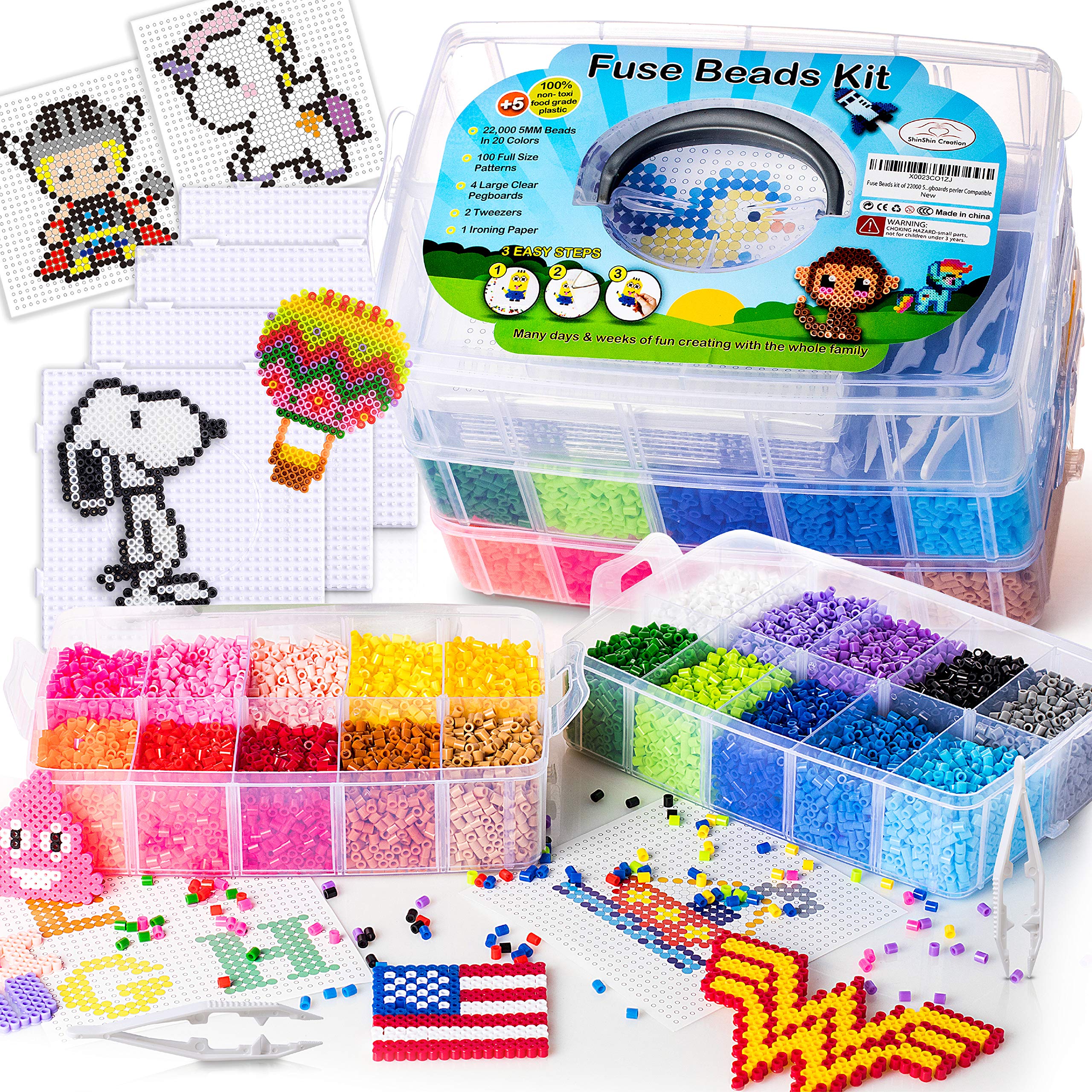 22,000 Fuse Beads kit 5mm, 100 Patterns 4 Pegboards 2 Tweezers Perler Beads  Kit Compatible Hama Beads Melty Beads Melting Beads Iron Beads Craft Beads  Bulk Beados kit Storage 20 Pre-Sorted Colors
