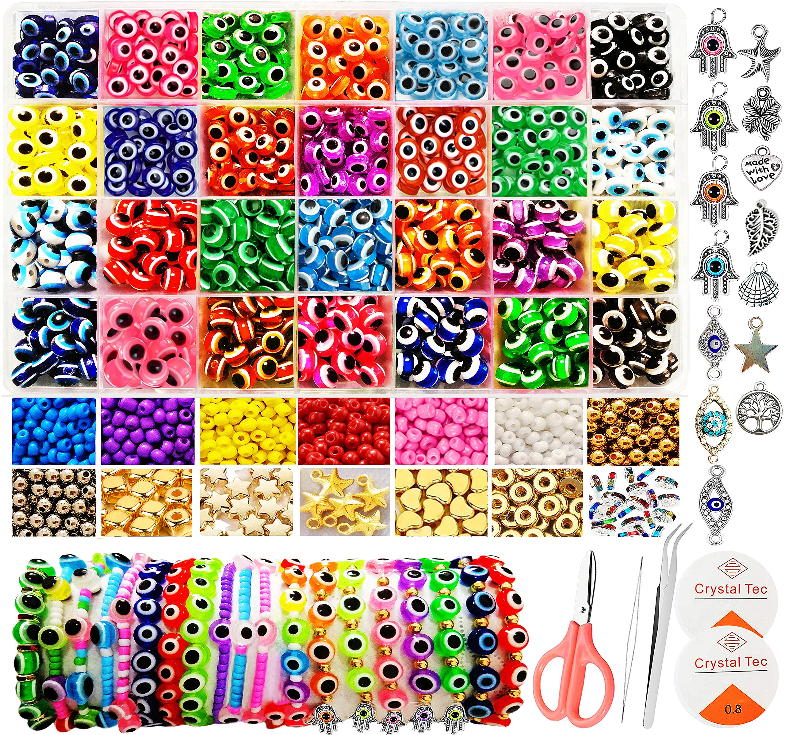 3209pcs 28 Styles Evil Eye Beads for Jewelry Making 8mm Flat Round Evil Eye  Charms Beads Bracelets Making Kit 3mm Glass Seed Beads Hamsa Hand Charms  for DIY Bracelet Earring Necklace Making