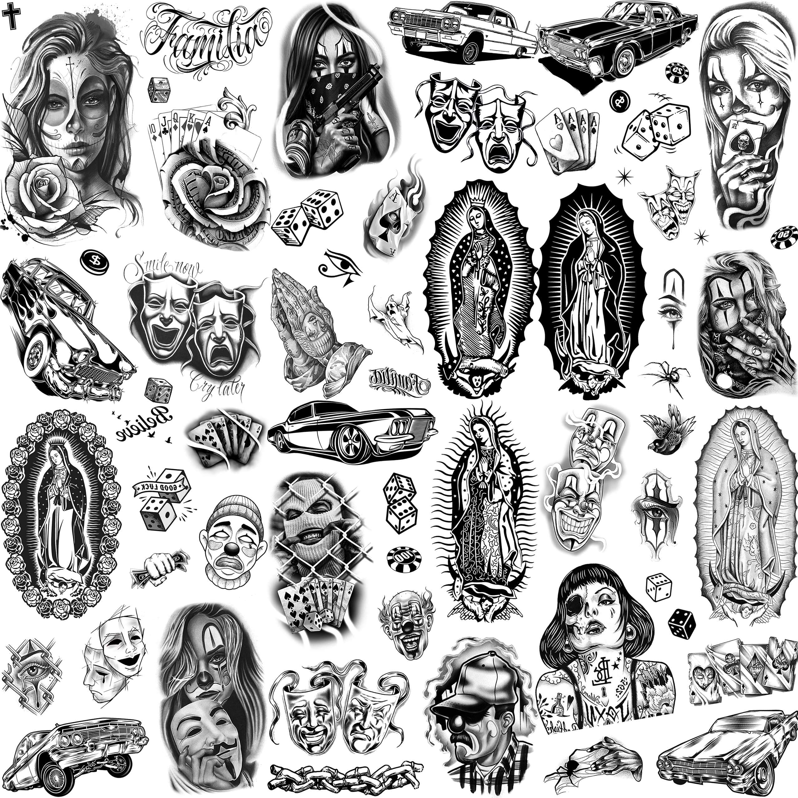 TASROI 6 Sheets Large Chicano Temporary Tattoos For Men Women Adult, Chicana Guadalupe Gangster Temp Fake