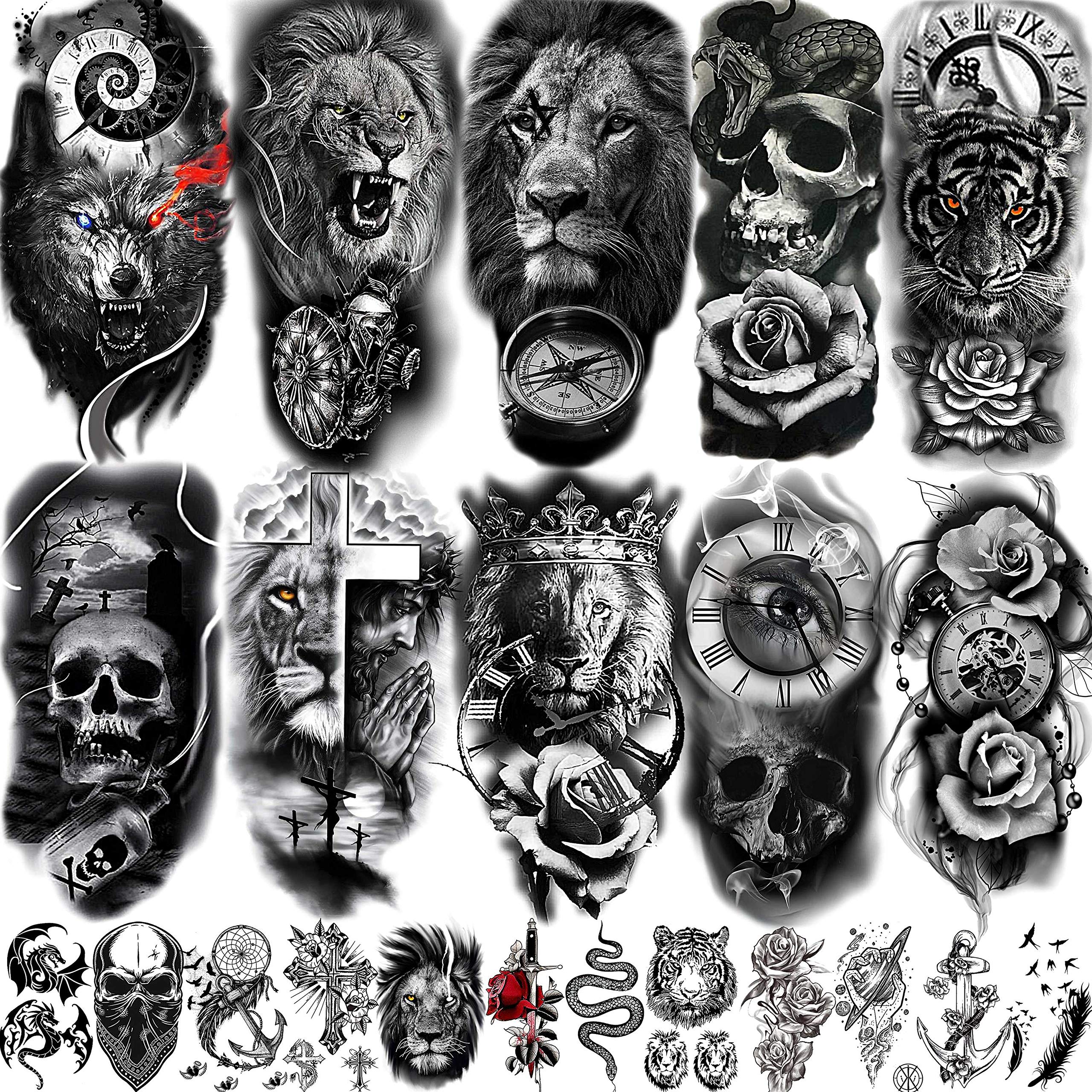 COKTAK 22 Sheets 3D Forearm Half Sleeve Temporary Tattoos For Men Women Adults, Large Tribal Lion