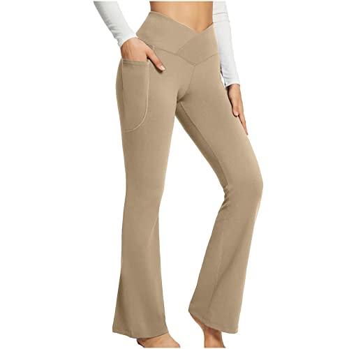 JEGULV Flare Yoga Pants for Women High Waisted V Crossover Bootcut Pants  Stretch Tummy Control Workout Leggings with Pockets 02 - Pants for Women -  Khaki Large