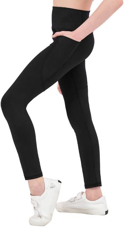 Girl's Athletic Leggings with Pockets Youth Compression Dance Tights Yoga Pants  No Front Seam Black 12 Years
