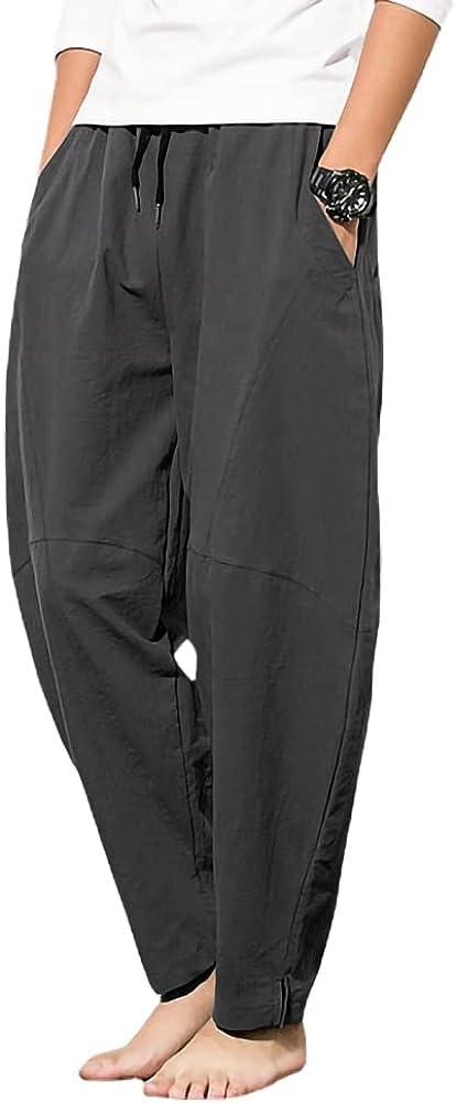 Xysaqa Men's Cotton Linen Pants Drawstring Elastic Waist Lightweight Pant  Summer Loose Casual Beach Trousers (Big & Tall Sizes)