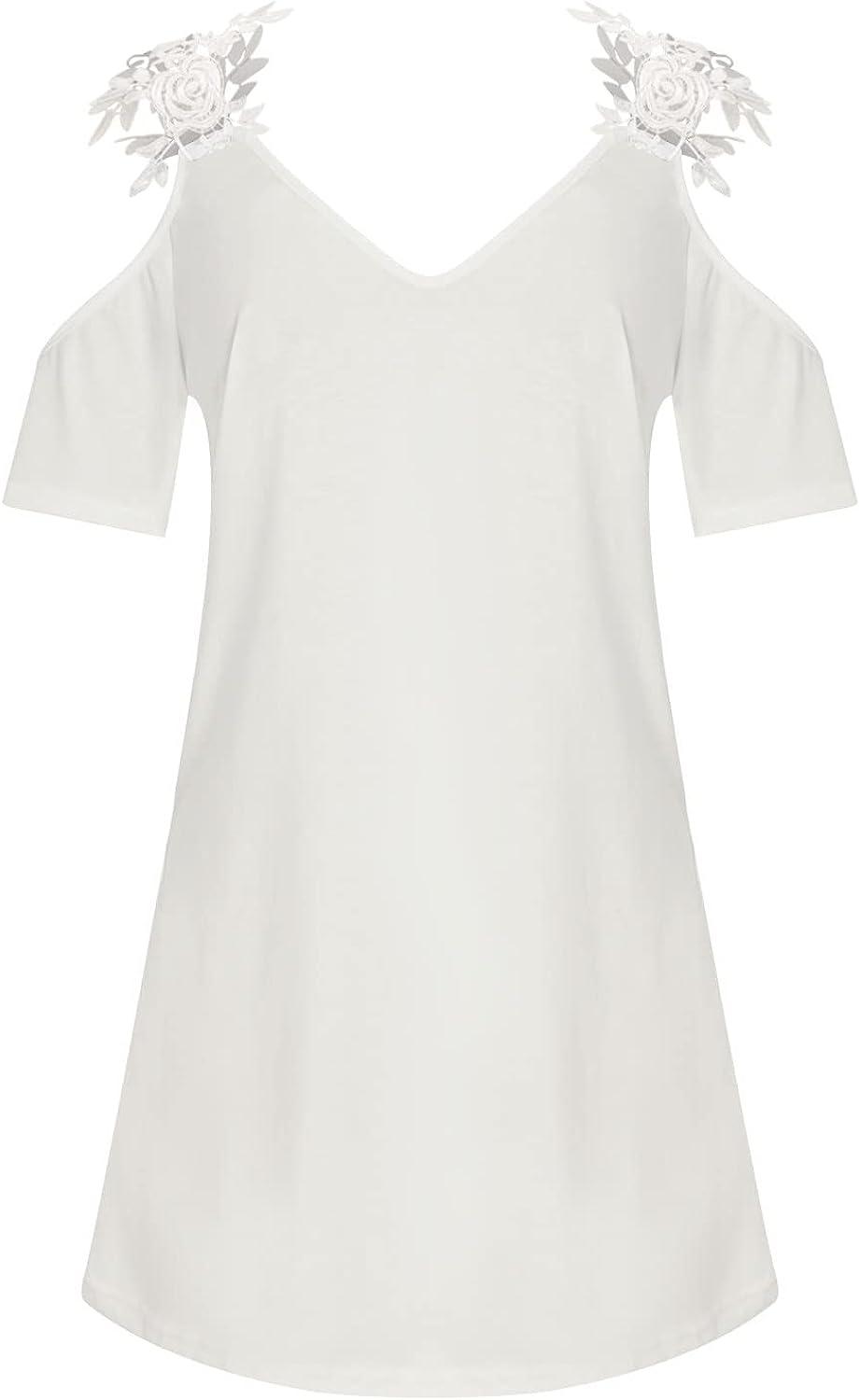 Women's White Feather Print Summer Dress with V Neck and Cold Shoulder -  Size Large | Buy Now with Express International Delivery | GoSupps.com