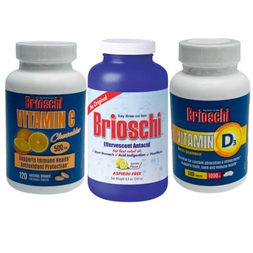 Brioschi Effervescent Antacid & Vitamins Bundle Original Antacid 8.5 oz, Vitamin C Chewable