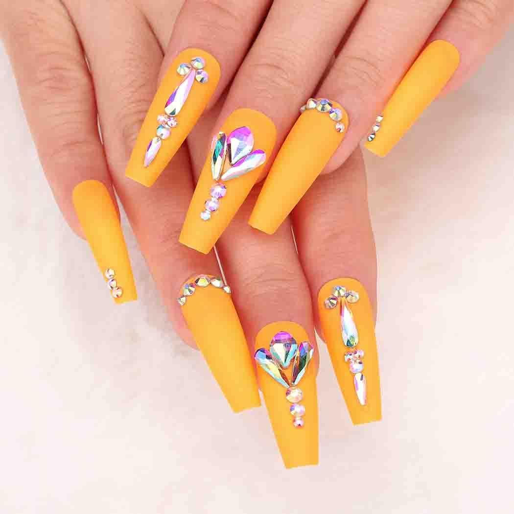 Outyua 3D Rhinstone Designer Press on Nails with Designs Yellow Shimmer  Coffin Extra Long Fake Nails Ballerina Pink Super Long False Nails Acrylic  Full Cover Artificial Nail for Women and Girls 24pcs (