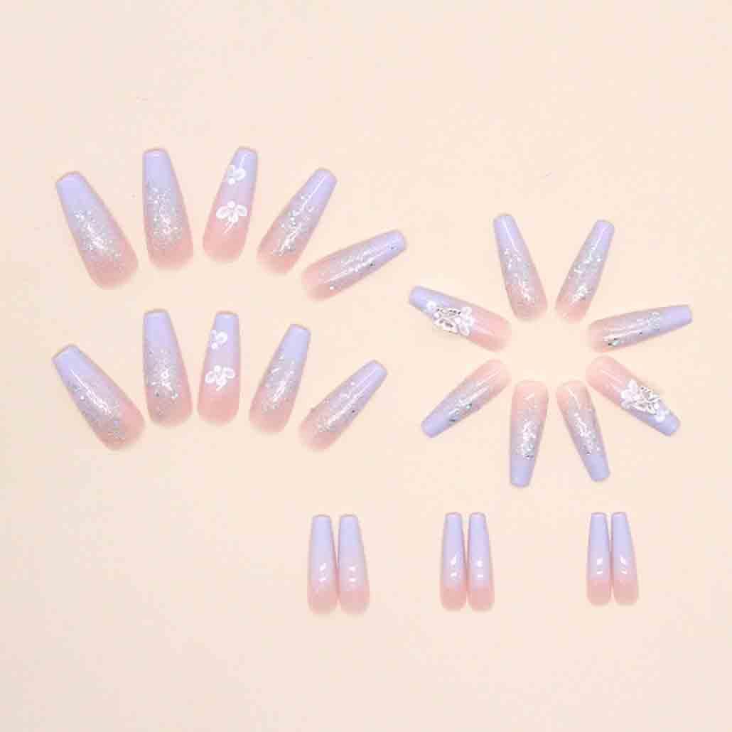 14 Pieces of artificial nails in Neon Pink colour with butterfly & glitter  art / Unique Artificial