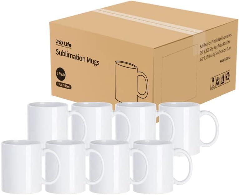 PYD Life Sublimation Mugs Blanks 11 OZ Coffee Mugs White Ceramic Photo Cups  Bulk for Cricut Mug Press Print 8 Pack