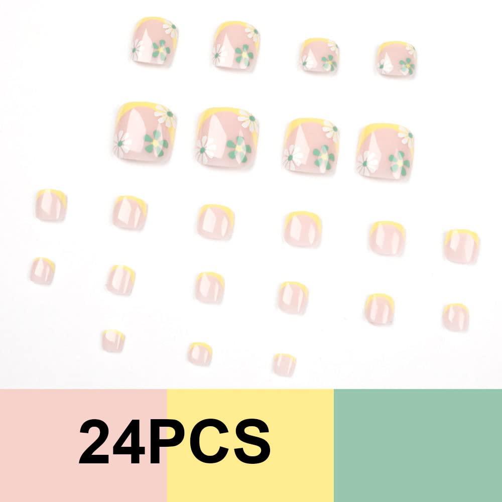 Yellow Tips French Fake Toenails with Designs 24pcs Short Square