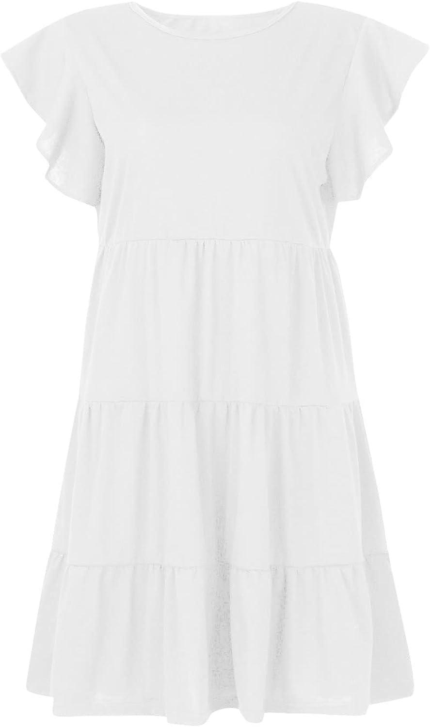 ZEKPEGAN Summer Dresses for Women 2023,Casual Babydoll Short Sleeve Tiered Ruffle Pleated Flowy Boho Beach Mini Sundress Medium A-white