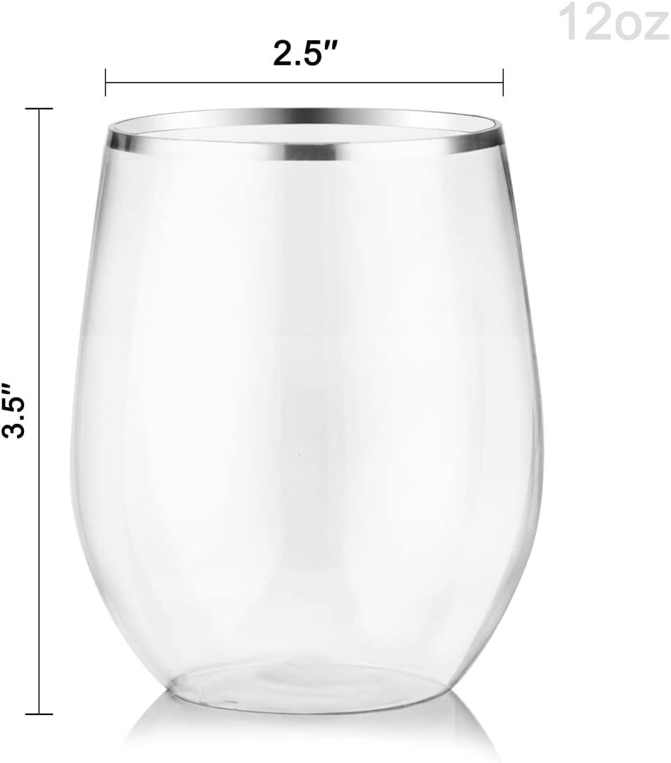 SUT 24 Disposable Stemless Wine Glasses 12OZ Plastic Party Wine Cups Silver  Unbreakable Wine Glasses Shatterproof Reusable and BPA-Free Clear Drinking  Glasses Perfect for Outdoor Party Wedding