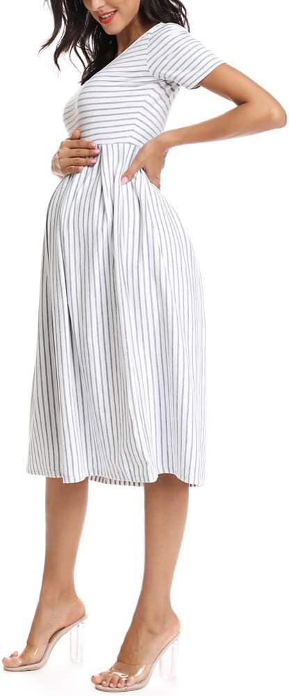 Love2Mi Maternity Dress Short-Sleeve A-Line Midi - White Grey Stripe | Buy  Now with Express International Delivery