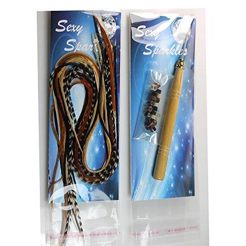 Sexy Sparkles Feathers for Hair Extensions, 100% Real Rooster Grizzly &  Solid Hair Feathers, Long Natural Hair Feather Colors, 20 Feathers with  Beads and Loop Tool Kit