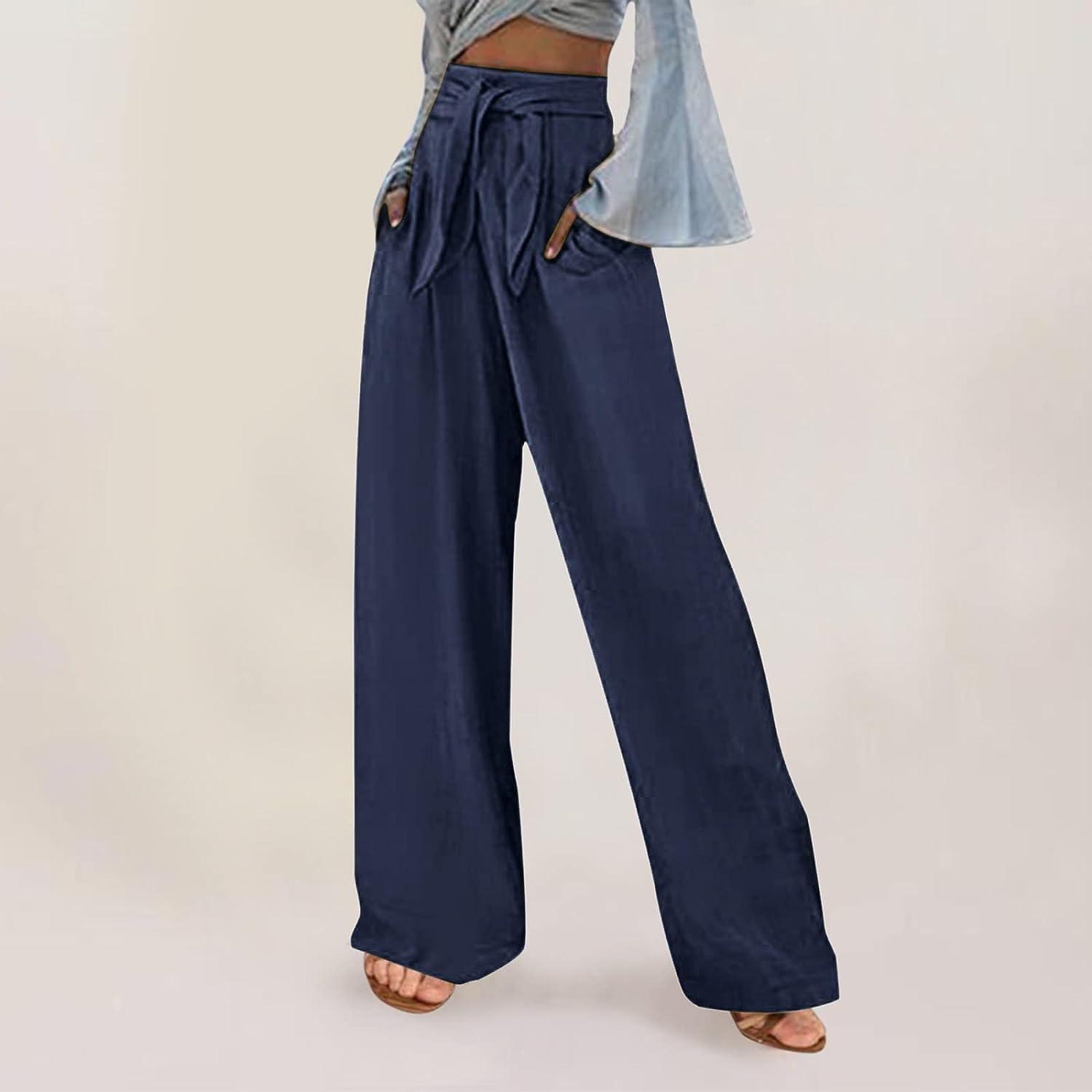 Women's Casual Wide Leg Pants High Waisted Loose Flowy Beach Palazzo Comfy  Cotton Linen Lounge Trousers Sweatpants A5 Navy Small