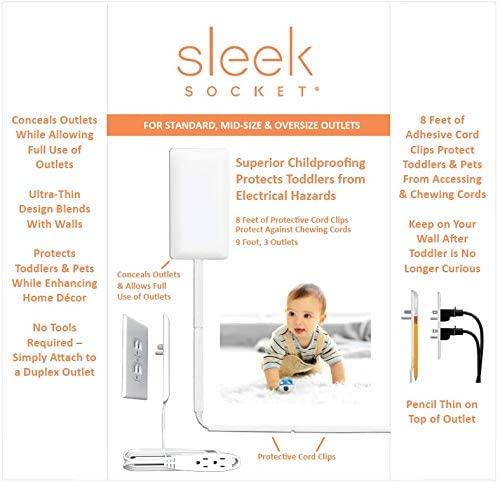 Sleek Socket Ultra-Thin Child Proofing Electrical Outlet Cover with 3  Outlet Power Strip and Protective Cord Cover Kit, 8-Foot, Universal Size 8  ft