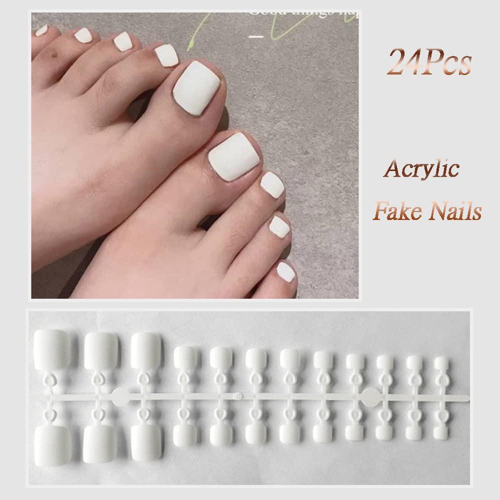 24 Pcs Pure White Press On Toenails French Tip Square Acrylic Fake