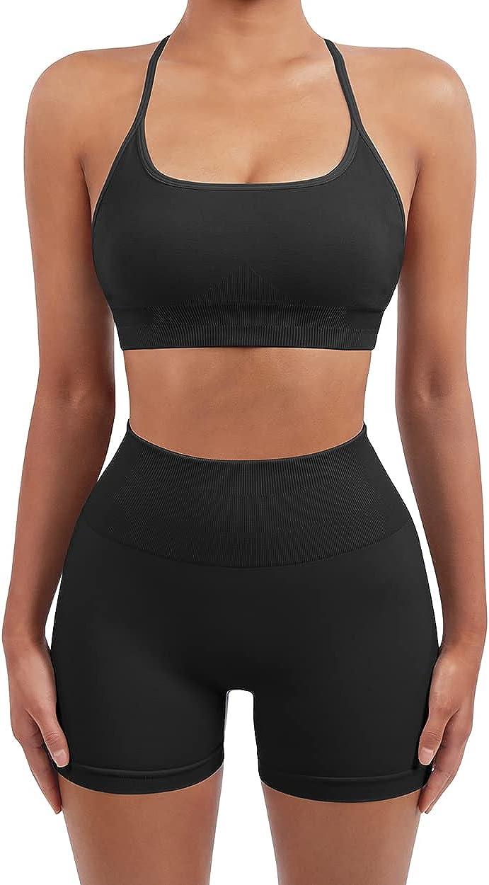 Women Stretchy Workout Sets Strappy Sport Bra Low Neck Crop Tops