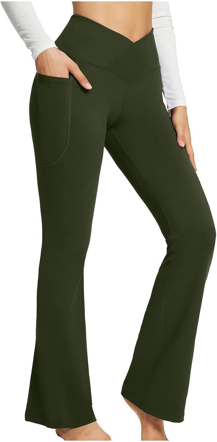 Canrulo Womens Yoga Pants Leggings High Waisted Wide Leg Yoga Flare Pants  Tummy Control Workout Running Pants Army Green XXL 