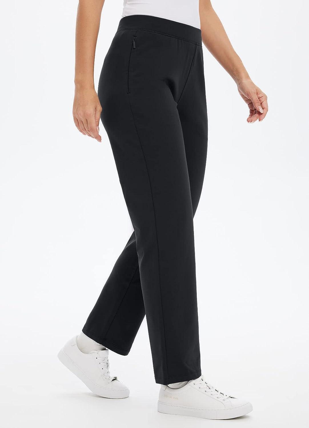 BALEAF Women's Fleece Lined Pants Straight Leg Sweatpants Pull-on Dress  Pants with Zipper Pockets Athletic for Golf Running Black Large