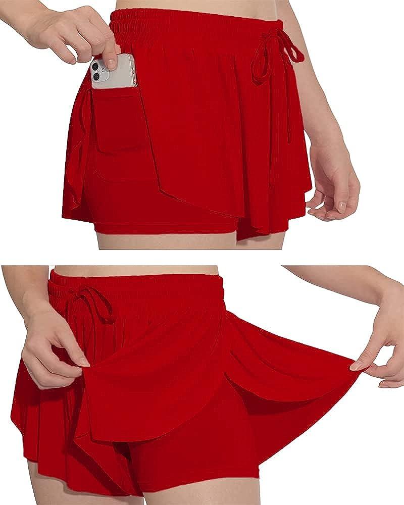 Girls 2 in 1 Flowy Butterfly Shorts Workout Gym Yoga Running Shorts Dance  Skirt for Teen Girls Red 9-10 Years