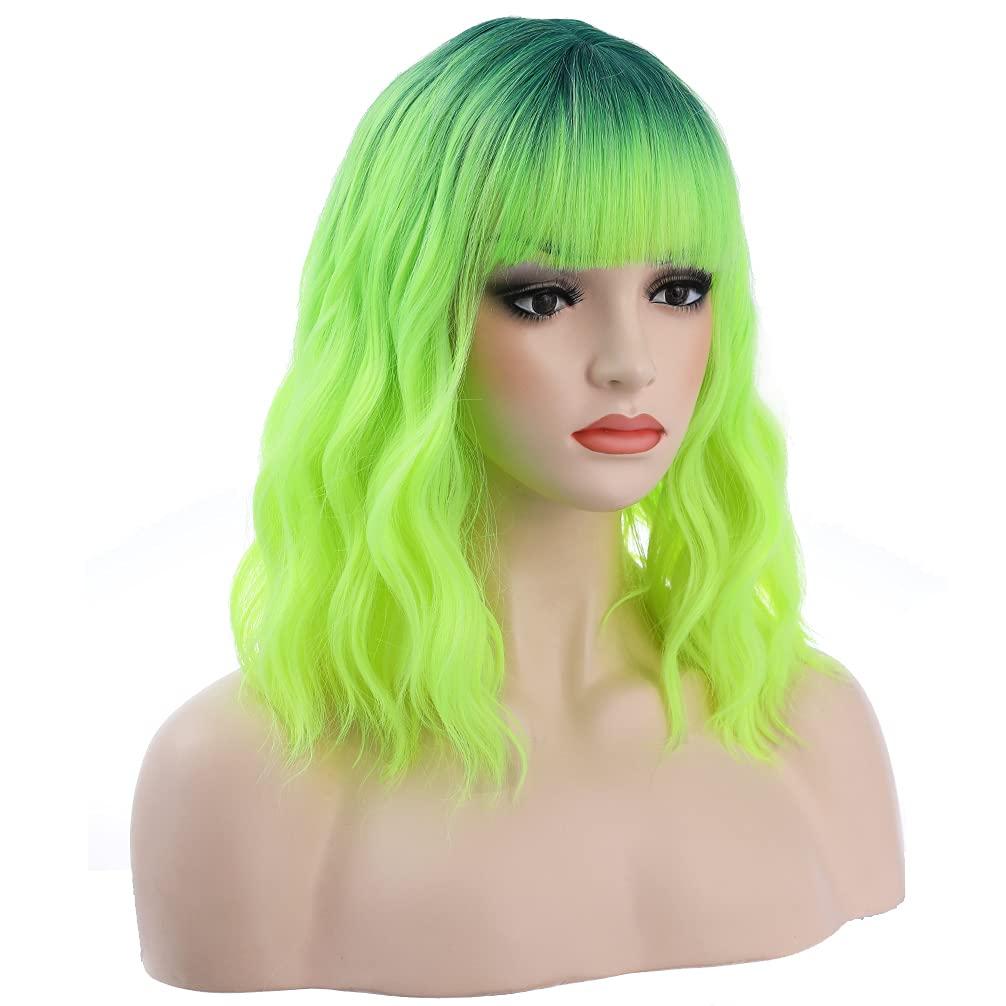 BERON 14 Inches Green Wig Short Curly Wig with Bangs Dark Root Ombre Green Wig Synthetic Wigs Women Girls Ombre Wig with Wig Cap Dark Root Ombre Green 14 Inch