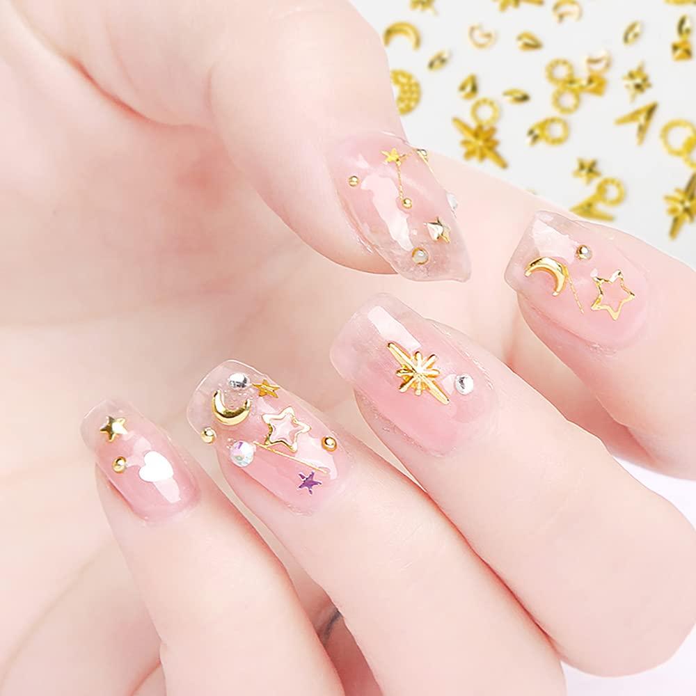 Gold Metal Star Nail Studs With 3D Punk Stars, Moon, Triangle, Square,  Rivet Gems, Hollow Ocean Heart, And Diamonds DIY Decoration Round Boxed  Gold Nail Designs From Cuteage, $1.01