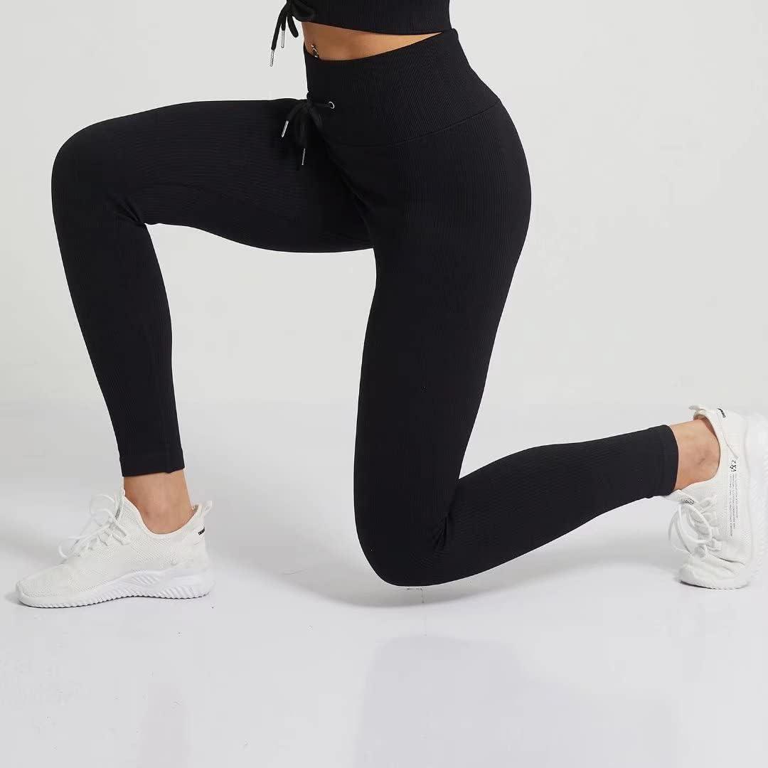 Ribbed Seamless Yoga Pants High Waist Gym Leggings Women Drawstring Sport  Fitness Leggings Tummy Control Running Training Tights