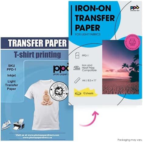 PPD Inkjet Iron-On Light T Shirt Transfers Paper LTR 8.5x11 Pack of 40  Sheets (PPD001-40) 