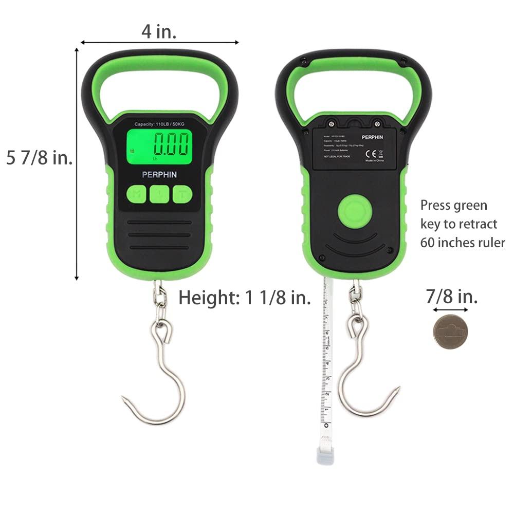 LATEST VERSION)Fishing Scale, Rubberized Fish Scale, 110pounds/50kg,  Portable Fishing Scale with Travel Pouch, Digital Fish Scale with 60 inches  Ruler, Large Backlight LCD Dispaly, in Black and Green