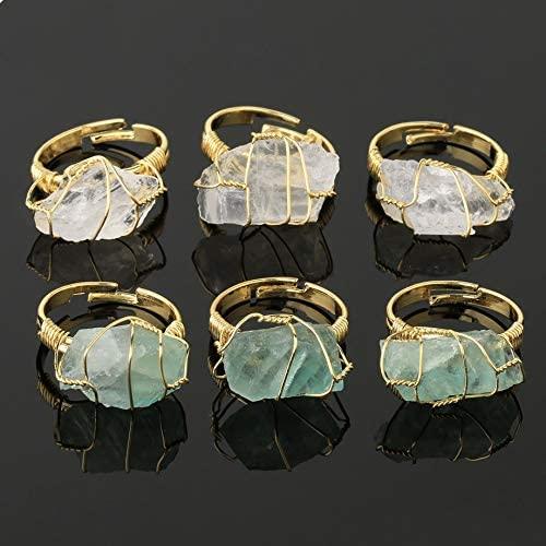 Raw Healing Stone Rings Wire Wrapped - Adjustable Gold Ring Fluorite