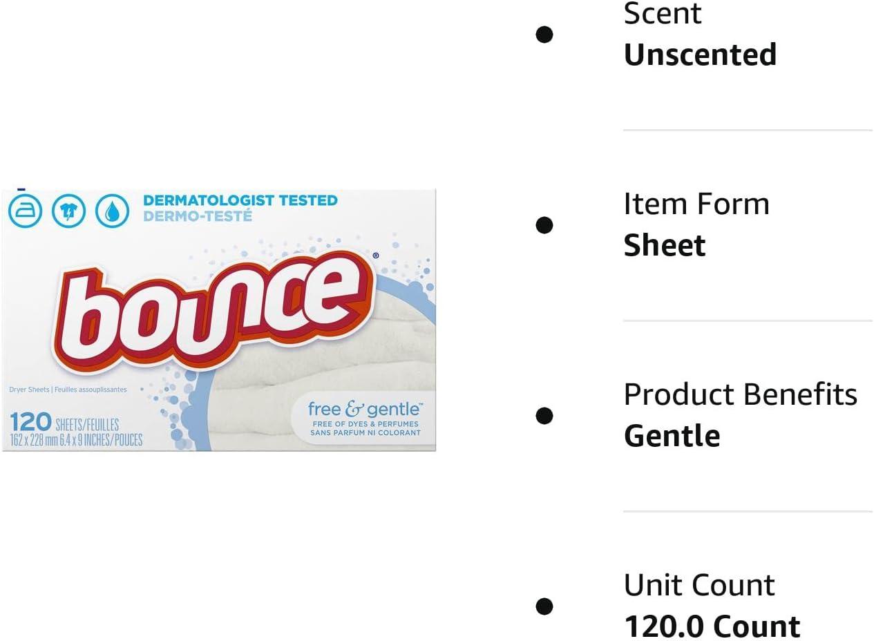 Bounce Free & Gentle Unscented Fabric Softener Dryer Sheets for Sensitive  Skin, 120 Count