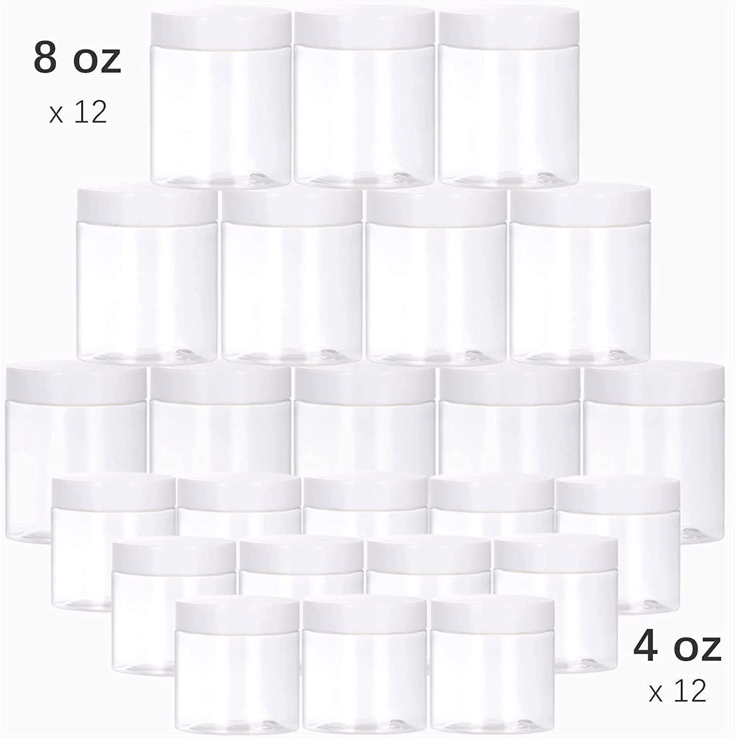 24 Pack Empty Plastic Slime Containers with Lids and Labels - TUZAZO 12pcs  8 OZ and 12pcs 4 OZ Plastic Storage Jars with Leak-Proof Lids for Craft  Jewelry Making, Cosmetic, Paint and