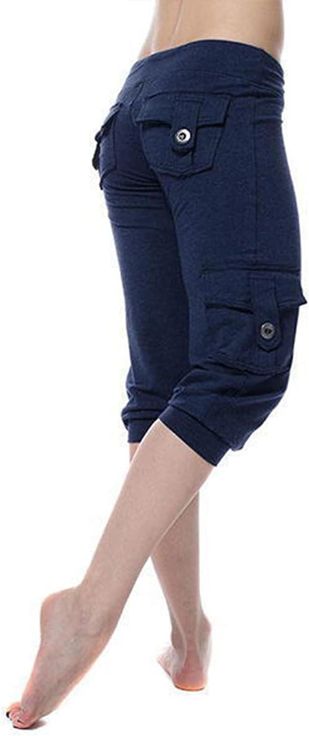 Cheap Women Pants Mid-calf Length Flap Pockets Stretchy Waist Cropped Pants  Female Clothing | Joom