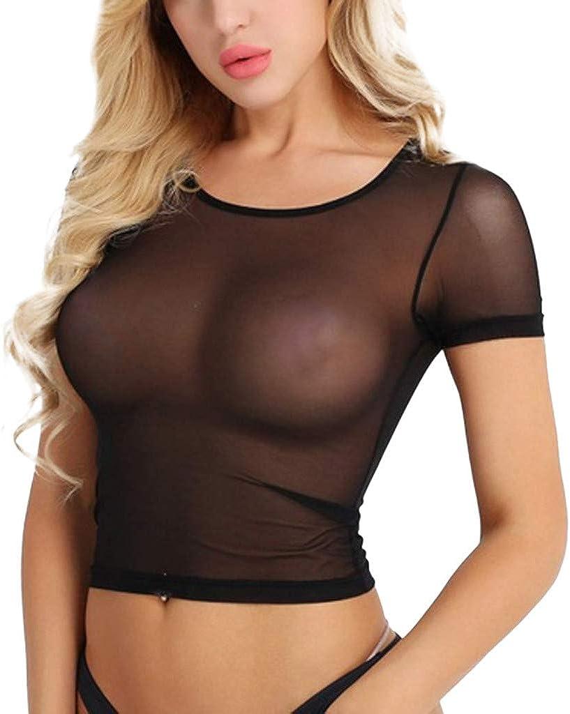 Women's Sheer Mesh See-Through Short Sleeve Crop Tops Casual T-Shirt Blouse  Tee