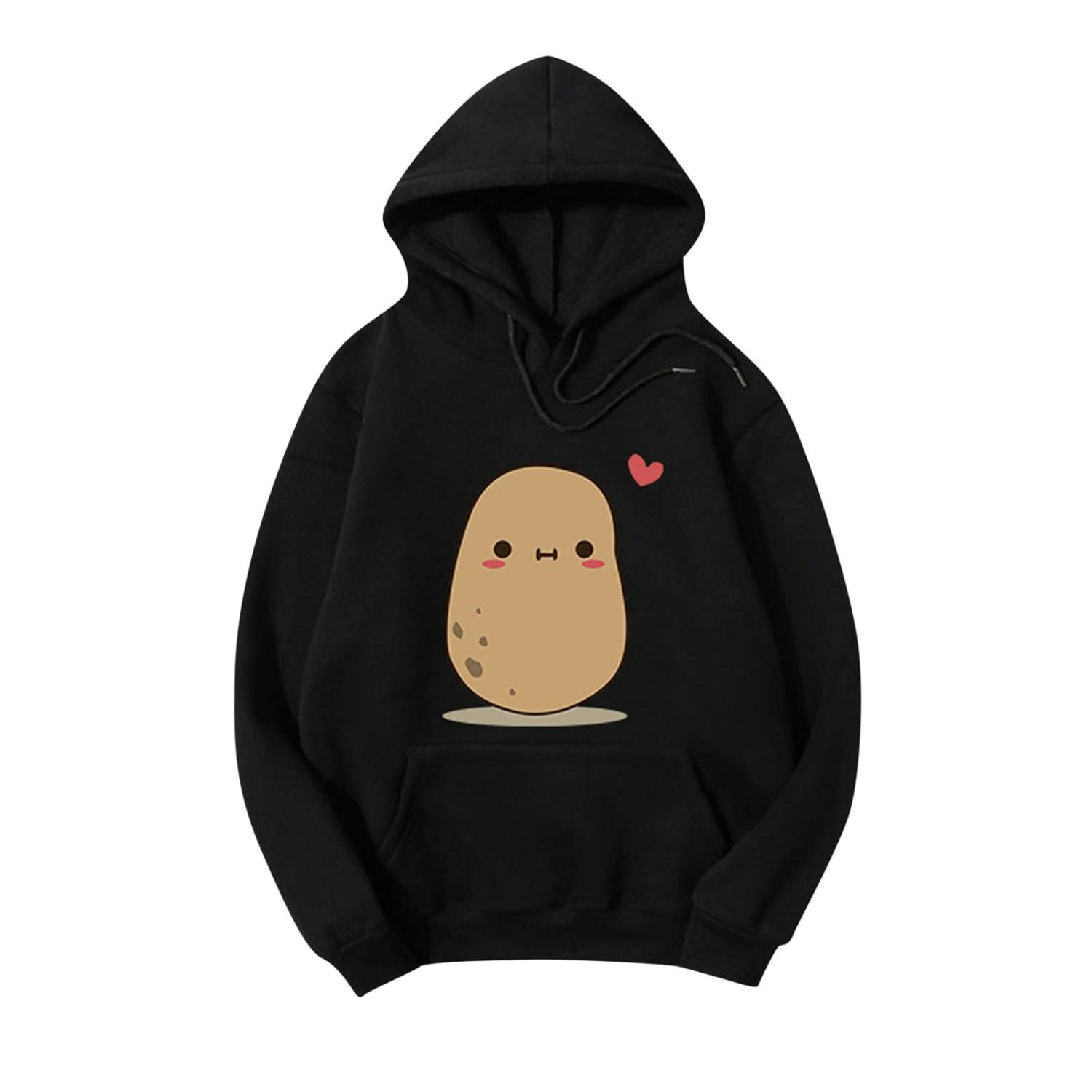 IFOTIME Cute Hoodies for Teen Girls Pullover Potato Heart Printed Solid  Color Hooded Sweatshirt Sport Ligthweight A11 Black Small