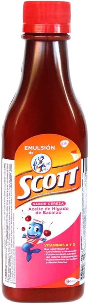 Emulsion de Scott 180 ml Cod Liver Oil with Vitamin A, D Calcium Dietary  Supplement for Kids and Children 2 Pack (Cherry, frutas tropicales,  Tradicional) (Cereza (Cherry))