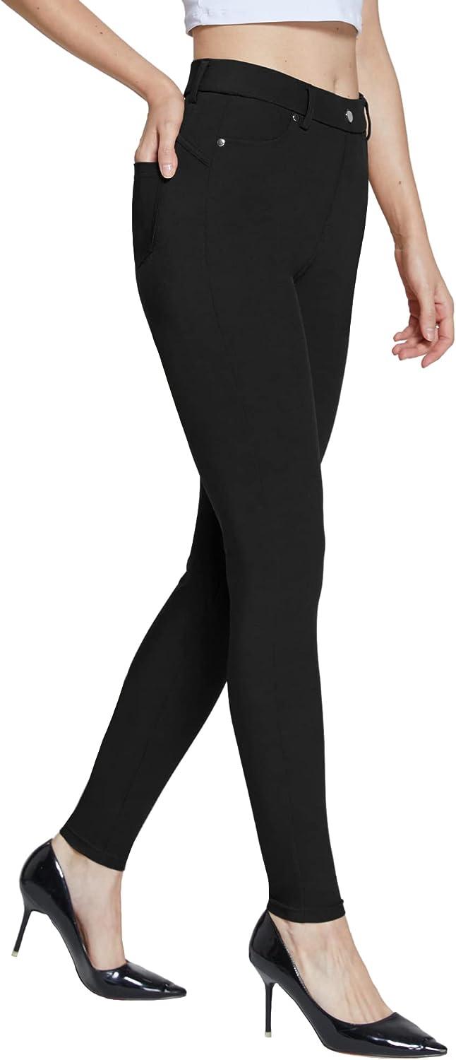 Thapower Women's Dress Pants Pull-on Super Stretch Business Casual Jeggings  Capris Work Leggings with Pockets A - Black Medium