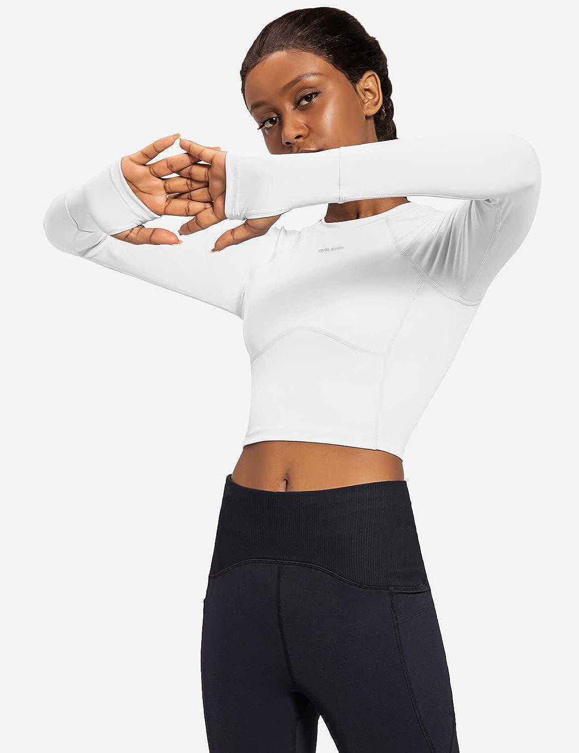 BALEAF Women's Long Sleeve Crop Workout Shirts Slim Fit Tops for Gym Yoga  Running White Medium