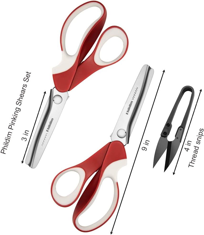 Pinking Shears Set (Pack of 2 PCS Serrated & Scalloped edges) By Phildim -  Zig-zag Scissor for Fabric Leather & PPDer - Pinking Dressmaking Sewing  Scissors PD-002-D Red