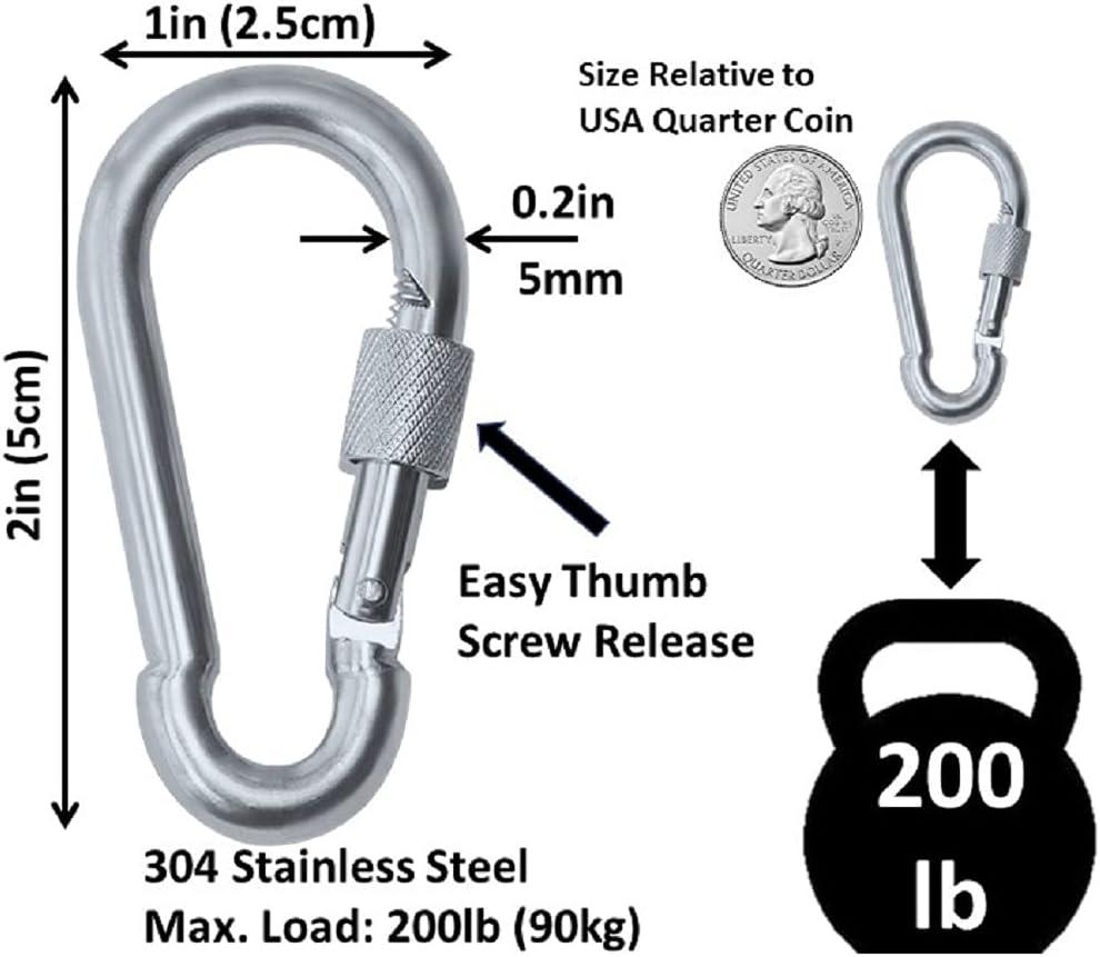 Branded Boards Heavy Duty Stainless Steel Thumb Screw Locking Carabiner  Spring Snap Clip Link Hooks. 200-400lb Load. 6 Packs and 12 Packs  5cm-6-Pack-Silver