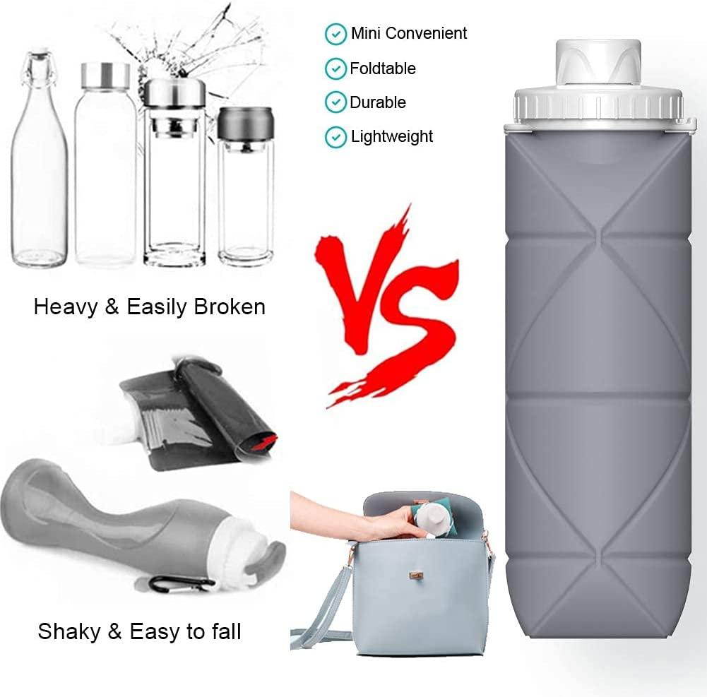 SPECIAL MADE Collapsible Water Bottles Leakproof Valve Reusable BPA Free  Silicone Foldable Water Bottle for Sport Gym Camping Hiking Travel Sports  Lightweight Durable 20oz 600ml Grey