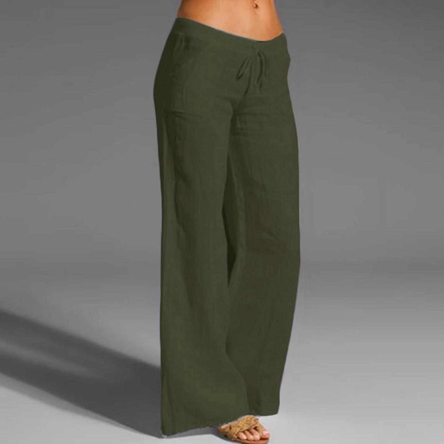 DAZLOR Linen Pants for Women Petite to Plus Size High Waist Drawstring  Beach Pants Loose Fit Casual Summer Wide Leg Trousers 04-green X-Large