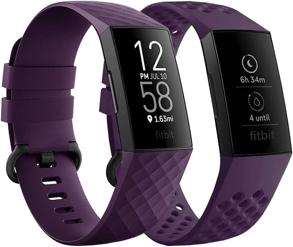 Qimela Replacement Watch Strap Compatible with Fitbit Charge 3/Fitbit  Charge 4 Bands for Women Men, Liquid Silicone Sport Classic Wristbands 2  Pack (Purple, Large) Purple Large