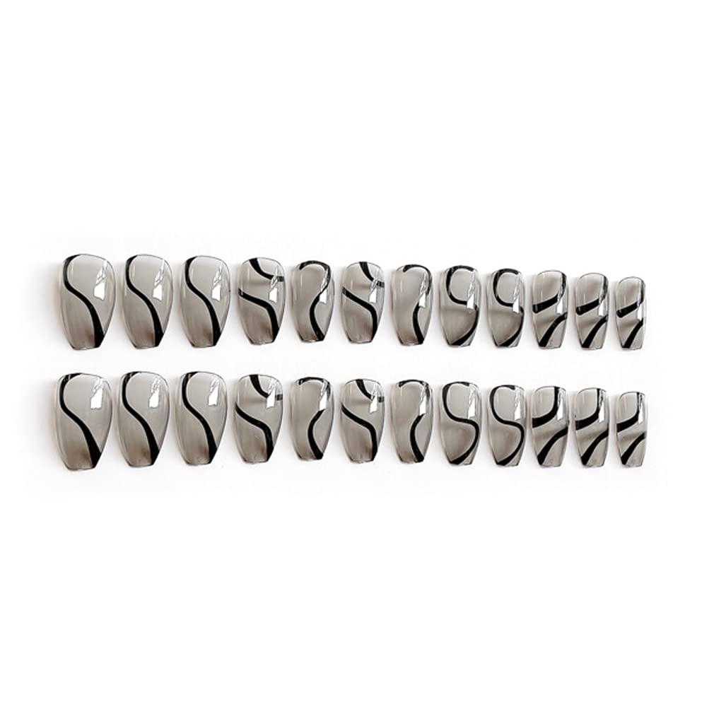 BABALAL Black Acrylic Coffin Press on Nails Swirl Medium Ballerina